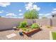 Vegetable garden with a wooden planter and a charming yard ornament at 43612 W Chambers Ct, Maricopa, AZ 85138