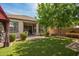A tranquil backyard featuring lush artificial grass, mature trees, and a covered patio area ideal for entertaining at 10452 E Natal Ave, Mesa, AZ 85209