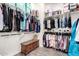Walk-in closet with shelving, rods, and storage bins; clothes of various colors are neatly arranged at 10452 E Natal Ave, Mesa, AZ 85209