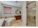 Bathroom features a soaking tub, large vanity and a glass enclosed shower at 1414 W Coral Reef Dr, Gilbert, AZ 85233
