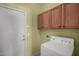 Laundry room features storage cabinets, washer, and dryer at 16527 N 71St Dr, Peoria, AZ 85382