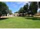 Expansive front yard with mature trees, well-manicured lawn, and a charming single-story home at 17730 E Brooks Farm Rd, Gilbert, AZ 85298
