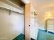 An organized bedroom closet featuring built-in shelving and plush teal carpeting at 2749 S Rita Ln, Tempe, AZ 85282
