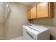 Convenient laundry room with a front loading washer and dryer and laminate cabinets for storage at 7438 E Glenn Moore Rd, Scottsdale, AZ 85255