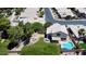 Aerial view shows the property's backyard with a pool, patio, fire pit, and grass at 8228 S Stephanie Ln, Tempe, AZ 85284