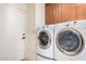 Convenient laundry room featuring a washer, dryer, and upper storage, streamlining laundry tasks at 8255 E Kiva Ave # 420, Mesa, AZ 85209