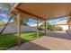 Lush back yard with brick covered patio, grass, bushes and white block wall at 13414 E Cindy St, Chandler, AZ 85225