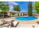 Scenic backyard featuring a swimming pool, lounge chairs, and lush trees, perfect for outdoor relaxation at 506 W Seldon Ln, Phoenix, AZ 85021