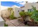 Landscaped front courtyard with mature plants, cactus, and tiled walkway at 2537 N Miller Rd, Scottsdale, AZ 85257