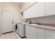 Bright laundry room featuring a washer, dryer, sink, door, and ample cabinet storage at 4633 E Chaparosa Way, Cave Creek, AZ 85331