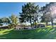 Scenic view of the community featuring lush green spaces, mature trees, and a glimpse of the pool area at 8625 E Belleview Pl # 1070, Scottsdale, AZ 85257