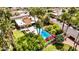 Aerial shot highlighting the backyard pool, patio area, and vibrant landscaping, complete with mature palm trees at 10658 E Cinnabar Ave, Scottsdale, AZ 85258