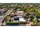 Expansive aerial view of estate featuring lush landscaping, sparkling pool, and distinctive architecture at 8675 S College Ln, Tempe, AZ 85284