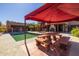 Inviting pool and patio area with a dining table and umbrella, perfect for outdoor entertaining at 8675 S College Ln, Tempe, AZ 85284