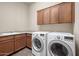 Functional laundry room equipped with modern washer and dryer units, plus ample cabinet space at 9715 E Allison Way, Scottsdale, AZ 85262