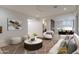 Inviting living room featuring contemporary decor, a comfortable sofa, and an open view to the kitchen at 3145 E Boot Track Trl, Gilbert, AZ 85296