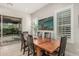 Formal dining room with wood table, black chairs, large artwork, and view to outdoor living space at 5653 E Sayan St, Mesa, AZ 85215