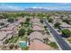 Expansive aerial view of a residential neighborhood with lush greenery and a mountain backdrop at 10234 E Lomita Ave, Mesa, AZ 85209