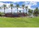 Landscaped entrance to the Villages community featuring a water feature and palm trees at 10234 E Lomita Ave, Mesa, AZ 85209