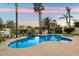 Lush backyard with a sparkling pool, lake views, mature palm trees, and a tranquil ambiance at 1507 E Treasure Cove Dr, Gilbert, AZ 85234