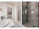 Luxurious primary bathroom featuring soaking tub, walk-in shower with tile surround, double sinks, and modern fixtures at 26860 N 102Nd Ln, Peoria, AZ 85383