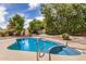 Beautiful pool with steps and railing surrounded by lush trees and landscaping, providing an outdoor oasis at 4556 E Paradise Ln, Phoenix, AZ 85032