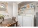 Laundry room featuring a table, washer, and dryer with shelves for storage at 5136 E Evergreen St # 1142, Mesa, AZ 85205