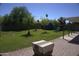 Well maintained backyard with patio, mature trees, playset and lush green lawn at 6725 W Cypress St, Phoenix, AZ 85035