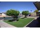 Green front yard showing artificial turf and mature trees with manicured landscaping at 6725 W Cypress St, Phoenix, AZ 85035