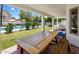 Covered patio area with dining table overlooking the pool and landscaped backyard at 7469 E Timberlane Ct, Scottsdale, AZ 85258