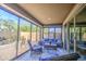 Beautiful covered patio with blue cushioned seating, a patterned rug, and large sliding glass doors for a seamless transition at 16042 W Shaw Butte Dr, Surprise, AZ 85379
