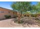 Landscaped backyard featuring a water fountain surrounded by trees and green foliage at 22463 N 54Th St, Phoenix, AZ 85054