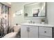 Bathroom showcasing neutral walls, a white vanity, toilet and decorative shower curtain at 2001 W Surrey Ave, Phoenix, AZ 85029