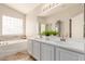 Well-lit bathroom showcasing double sinks, a soaking tub, and a walk-in shower with tiled accents at 2503 E Camellia Dr, Gilbert, AZ 85296