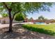 Well-maintained backyard with a pool, lawn, and mature tree providing shade near patio at 6002 N 124Th Dr, Litchfield Park, AZ 85340
