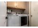 Functional laundry room with a washer and dryer, cabinet storage, and convenient layout at 605 S Monterey St, Gilbert, AZ 85233