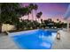 Sparkling pool surrounded by lush greenery, palm trees, and cozy lounge area, creating a serene and private backyard oasis at 11331 E Cochise Dr, Scottsdale, AZ 85259