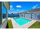 Backyard pool featuring bright blue water, artificial turf, an umbrella, and a clear blue sky at 16840 W Monroe St, Goodyear, AZ 85338