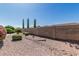 Desert-landscaped backyard with lush greenery, gravel, and privacy wall under a clear sky at 11529 E Lindner Ave, Mesa, AZ 85209