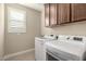 Bright laundry room featuring upper cabinets and modern white washer and dryer at 22290 E Escalante Rd, Queen Creek, AZ 85142