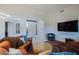 Inviting living room featuring leather sofas, a stylish round coffee table, and views to front entryway at 32472 N 68Th Pl, Scottsdale, AZ 85266