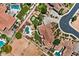 Overhead view of backyard oasis with a swimming pool, green putting green, and lush landscaping at 5755 S Pearl Dr, Chandler, AZ 85249