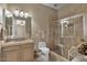 This bathroom showcases double sinks, vanity, enclosed shower and tile flooring at 5755 S Pearl Dr, Chandler, AZ 85249