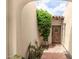 Charming entryway with a rustic wood door, red brick flooring, and lush greenery, creating a warm and inviting welcome at 7354 E San Miguel Ave, Scottsdale, AZ 85250