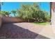 Spacious backyard featuring decorative rock landscaping, grass, mature trees, and block fence at 18116 N Catherine Dr, Surprise, AZ 85374