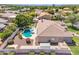 Aerial view displaying the backyard oasis featuring a sparkling pool and outdoor seating area at 4061 E Hope St, Mesa, AZ 85205