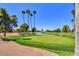 Beautiful golf course view with lush green grass, palm trees, and a serene water feature for resort-style living at 9226 W Topeka Dr, Peoria, AZ 85382