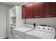 Convenient laundry room with front loading washer and dryer, storage shelves, and overhead cabinets at 17 W Vernon Ave # 412, Phoenix, AZ 85003