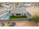 Stunning aerial view of a modern home featuring a pool, lush lawn, backyard, and sleek architectural design at 1704 E Melrose St, Mesa, AZ 85203