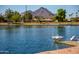 Tranquil lake view with ducks and a view of the mountains in the background at 8502 E Malcomb Dr, Scottsdale, AZ 85250
